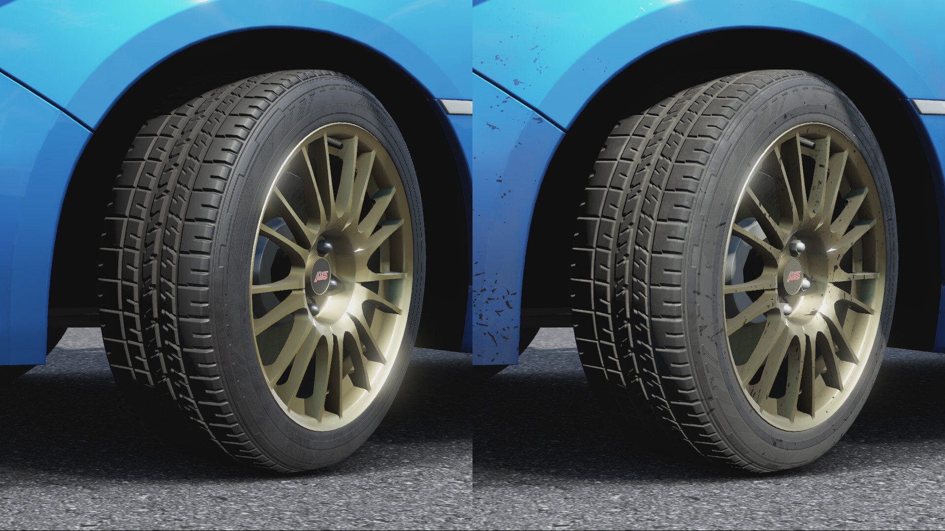 Forza Motorsport 7: Tire Work (Consumer Car) - When the car is dirtied the tires material properties are worn and altered.