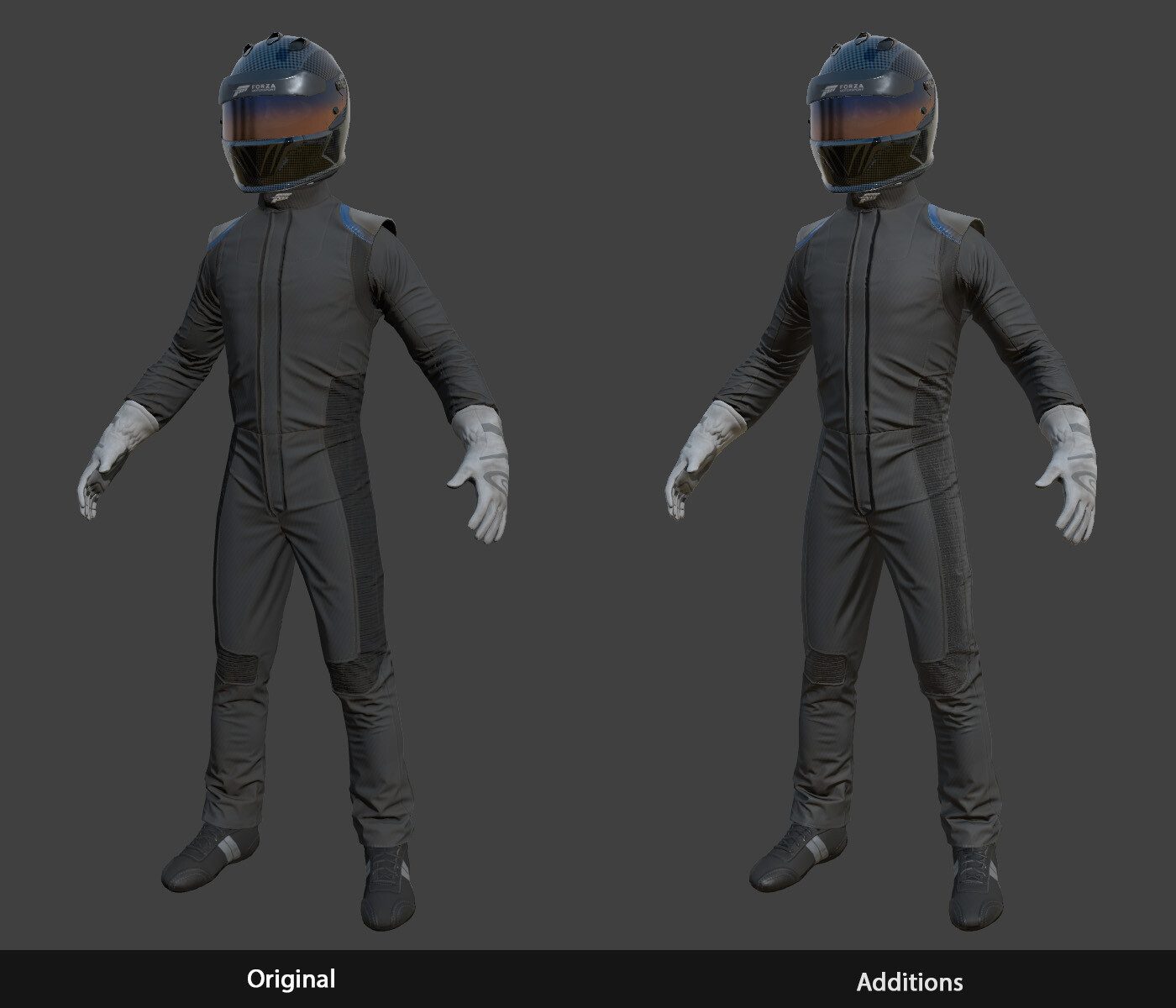 Forza Motorsport 7: The driver suit shader had some effects to increase shaping using the AO map and sun light direction.