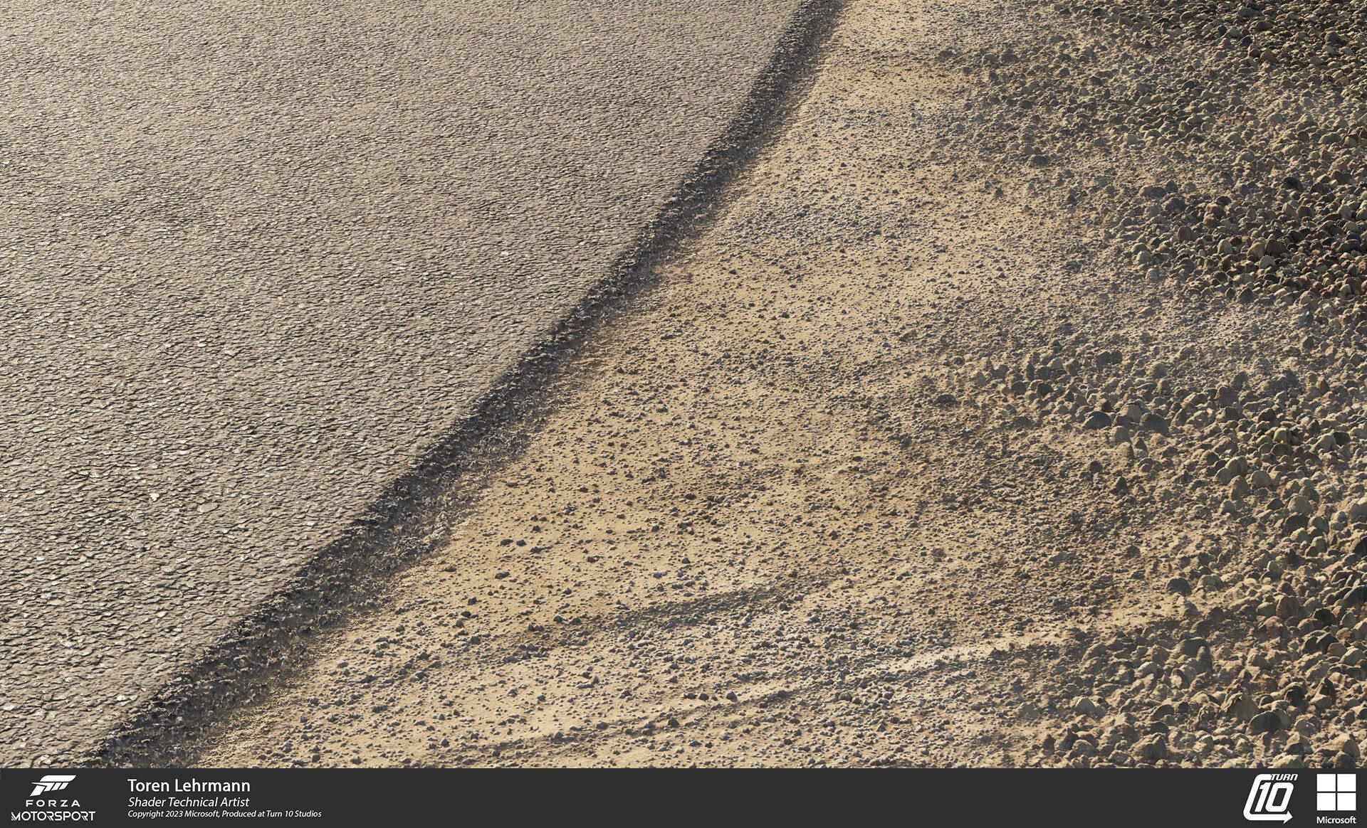 Forza Motorsport - Materials: Laguna Seca road edge and shoulder - Asphalt, road edge macro with parallax occlusion mapping, and sandy ground blended with gravel