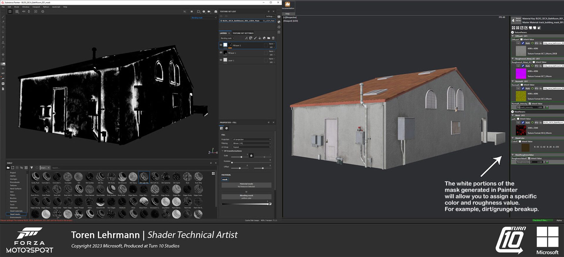 Forza Motorsport - Technical Art & Look Development: Track building workflow in Substance Painter. Additional UV channel created to allow for a cohesion (often dirt/grime) mask output that arti