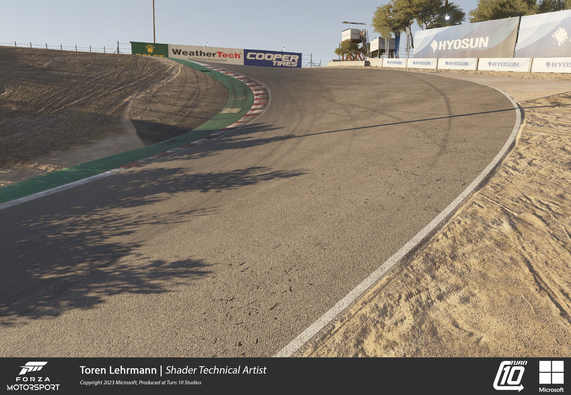 Forza Motorsport - Technical Art & Look Development: The end result of the corkscrew section of Laguna Seca. This was a huge team effort, but shows how great reference and scanning can deliver 