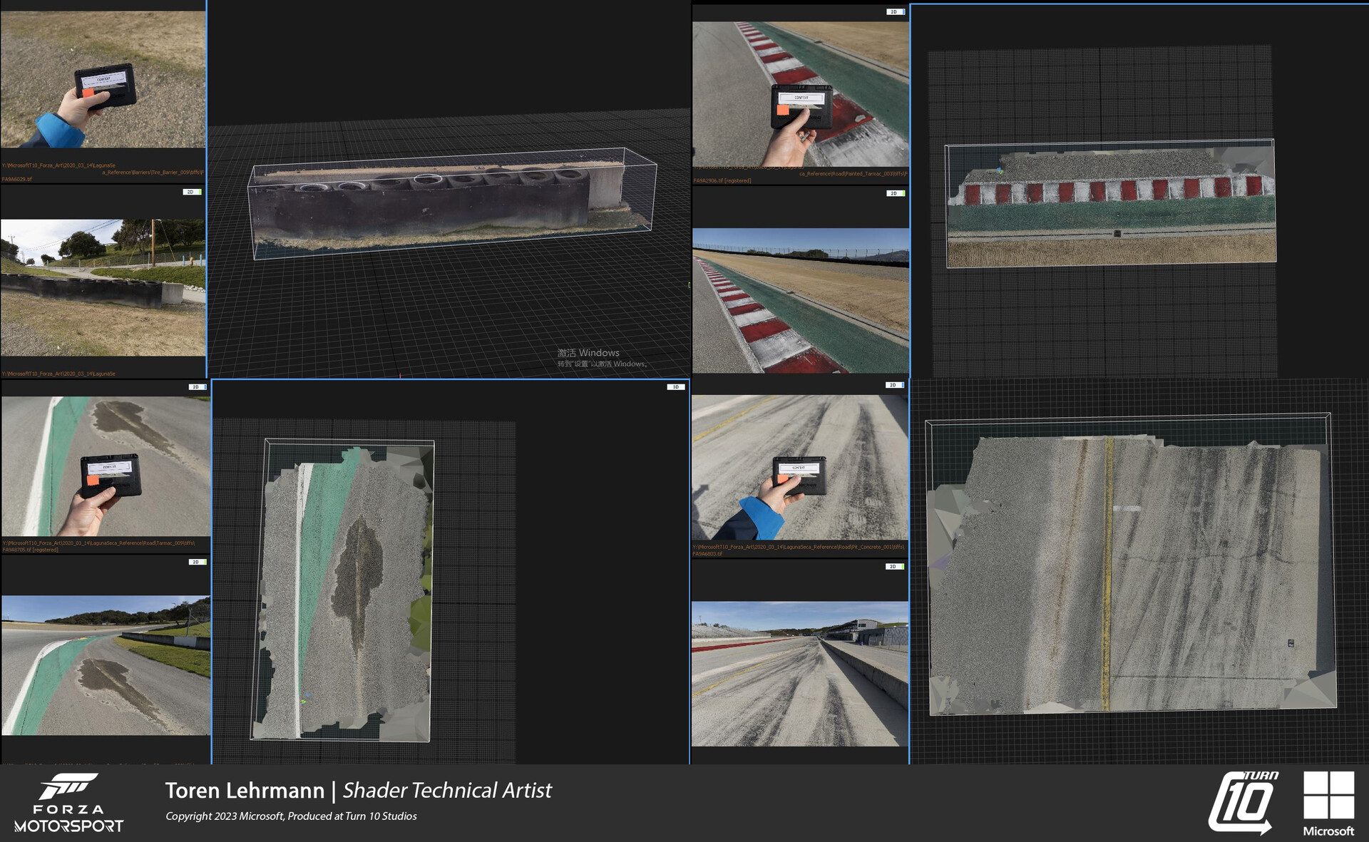 Forza Motorsport - Technical Art & Look Development: Photogrammetry examples from reference trip (Laguna Seca).