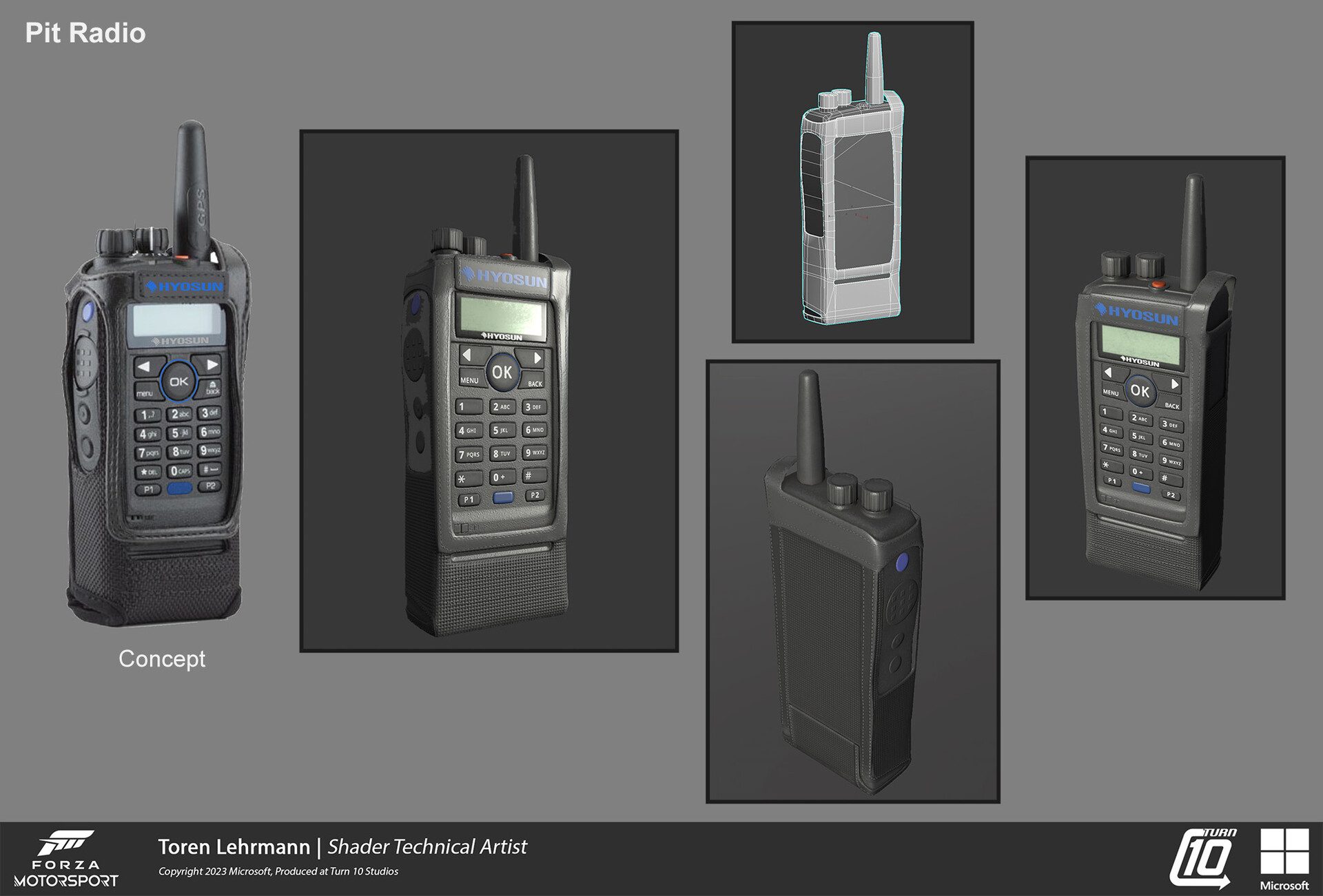 Forza Motorsport - Technical Art & Look Development: When we moved to Look Development for pit lane settings, we split up the cinematic props and I was responsible for this pit walki-talkie.