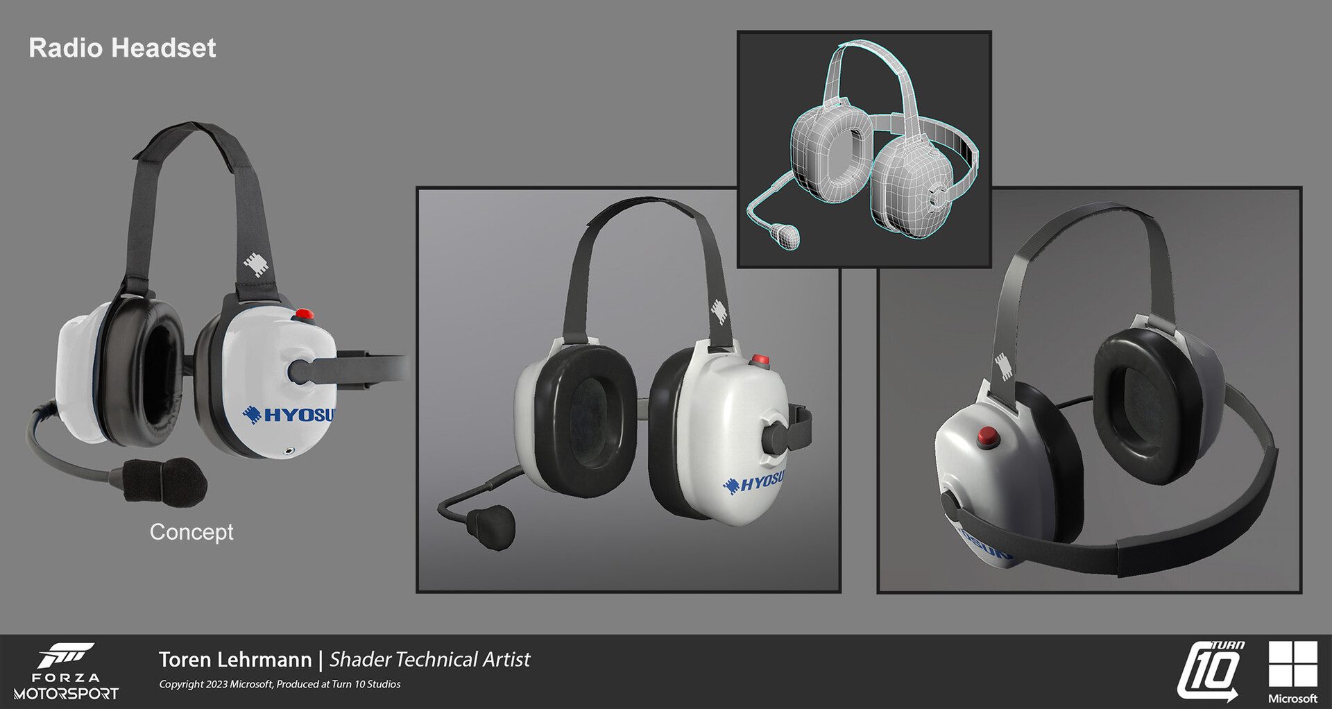 Forza Motorsport - Technical Art & Look Development: When we moved to Look Development for pit lane settings, we split up the cinematic props and I was responsible for this radio headset.