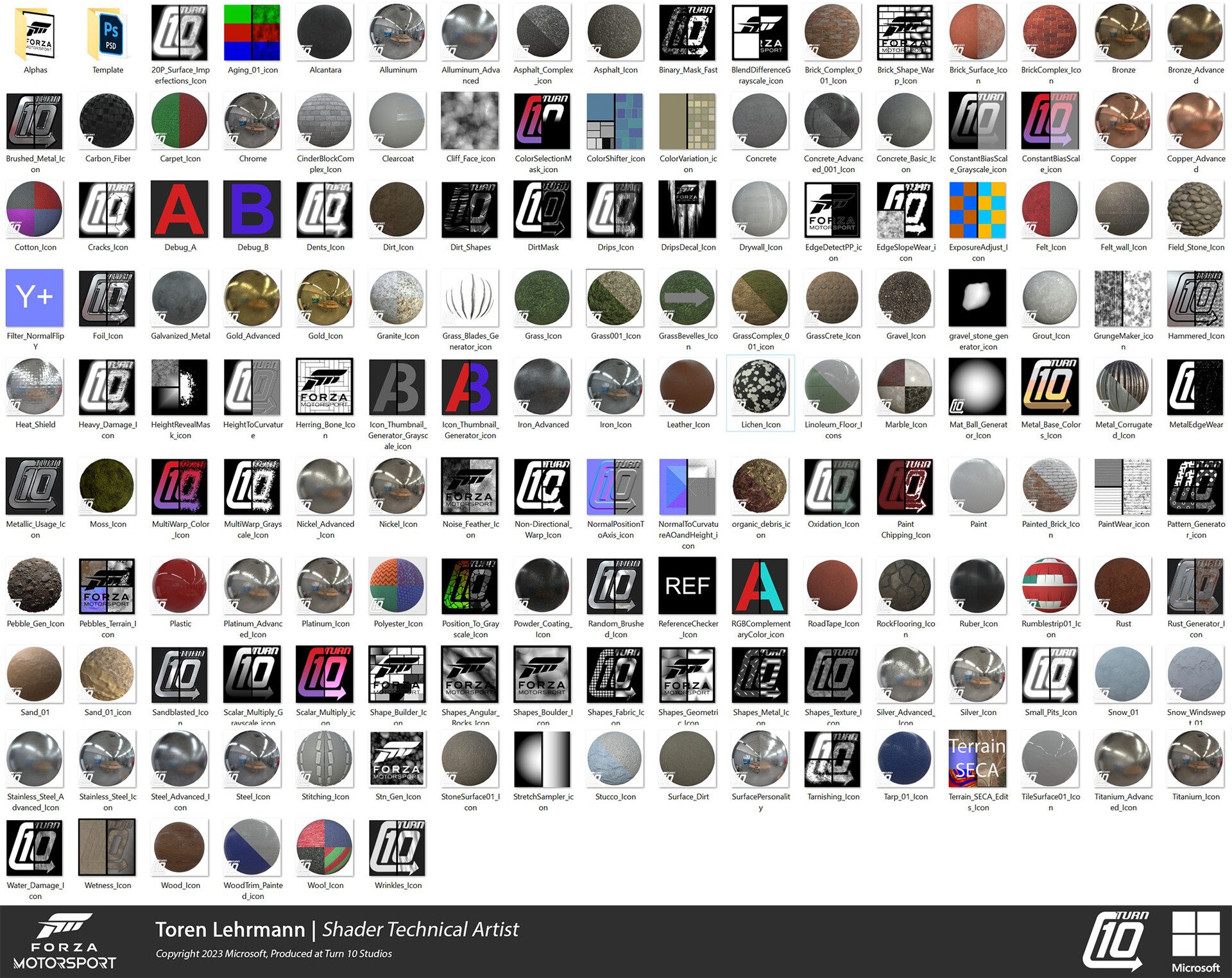 Forza Motorsport - Technical Art & Look Development: Icons showing the breadth of our Substance Designer library.